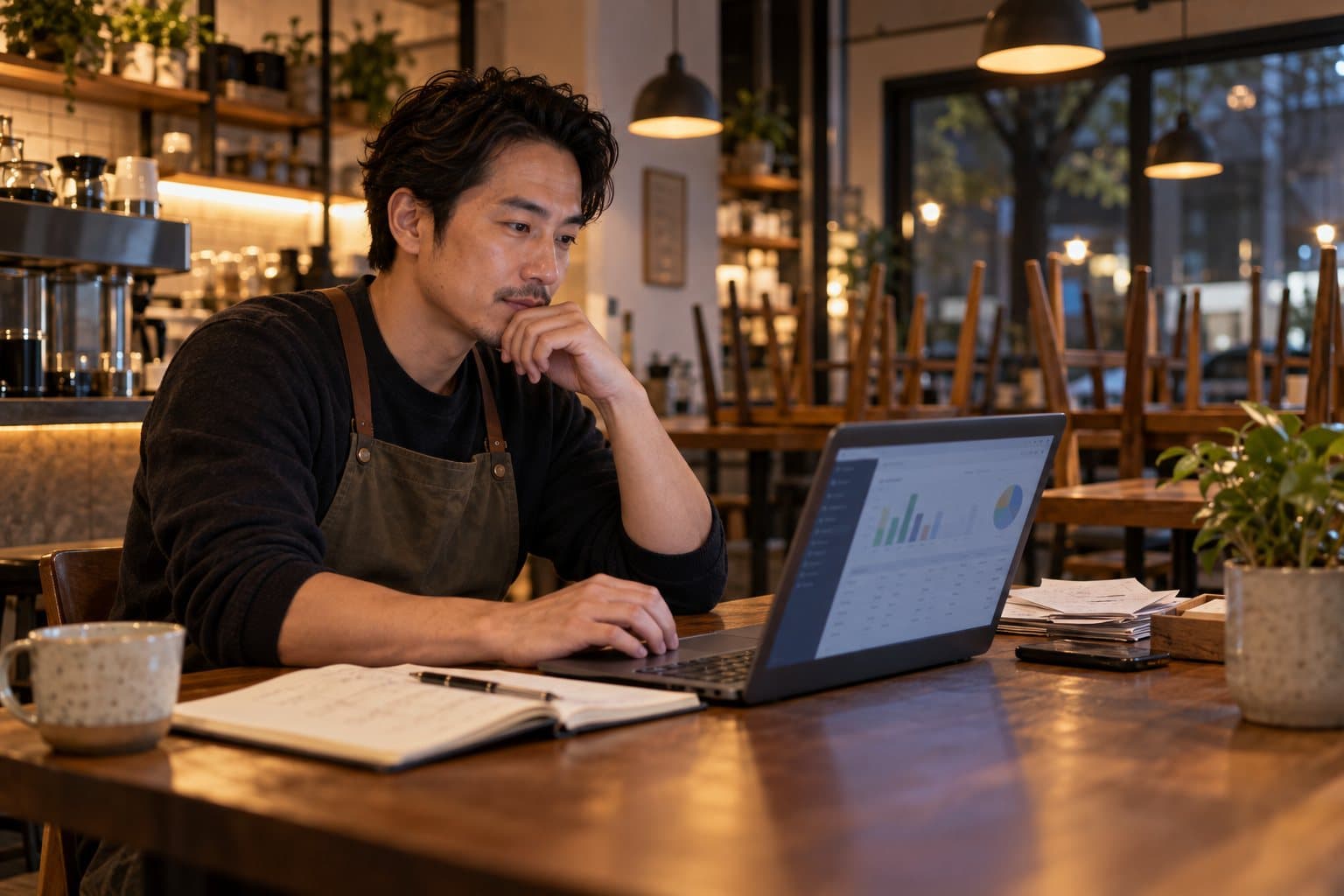 A café owner doing his books on a laptop after closing