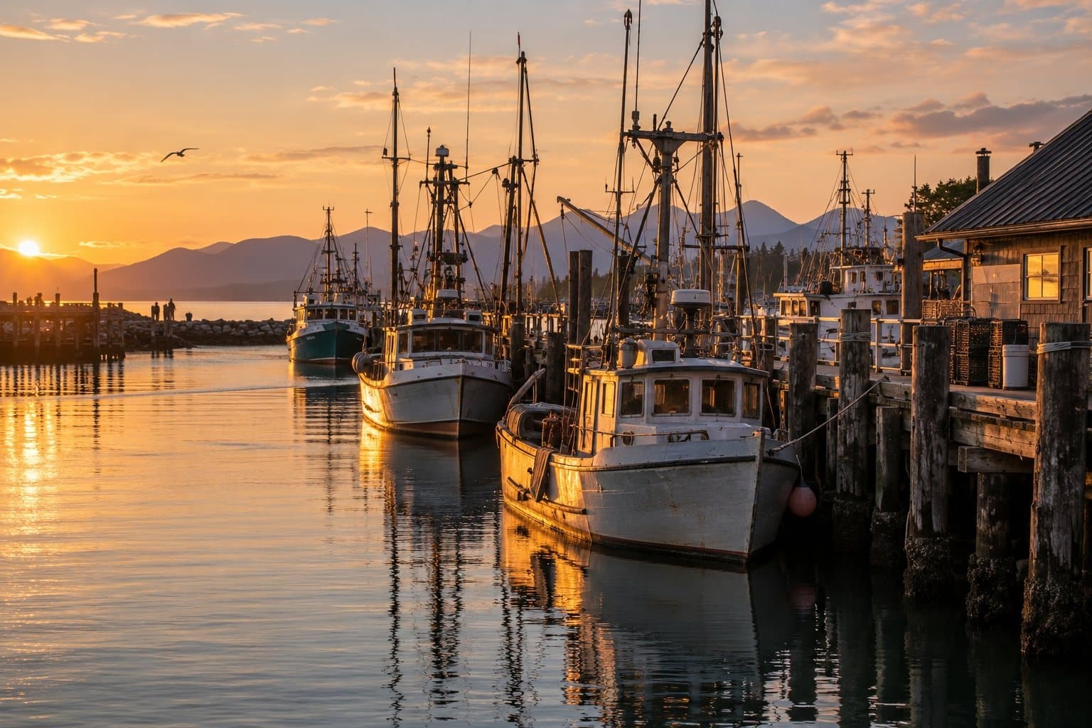 Fishing boats at the wharf in Steveston, Richmond, at golden hour
